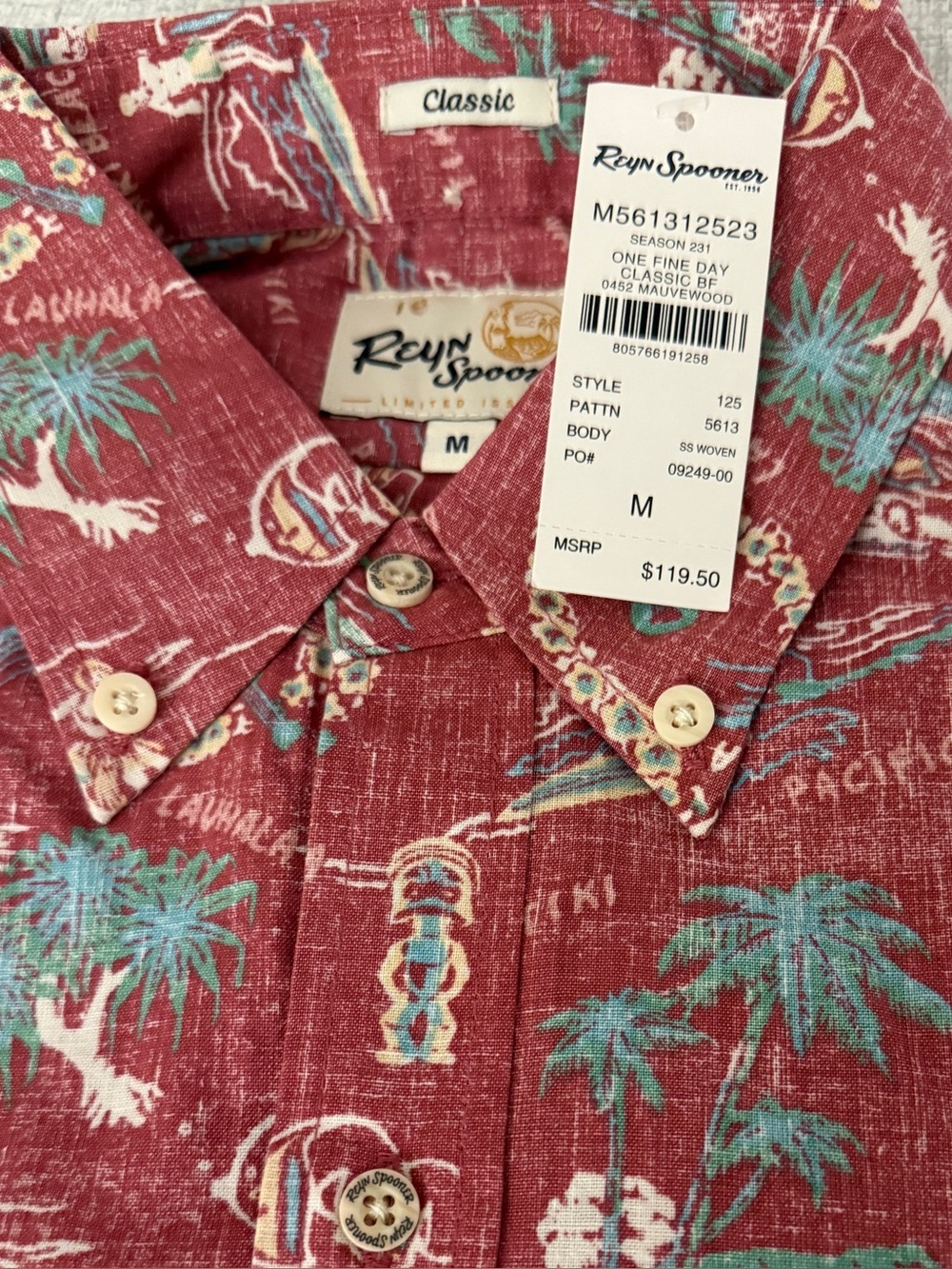 Reyn Spooner Men’s Mauve-Wood Red Tropical Print  “One Fine Day” Size M & N W T